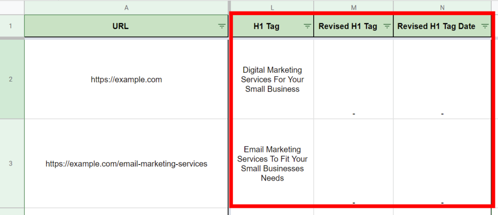 Keyword mapping template example showing the h1 tag column