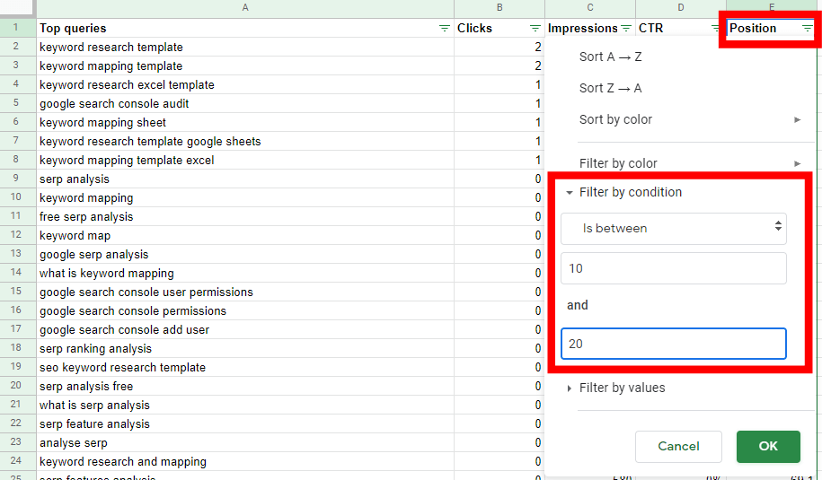 Google Sheet spreadsheet showing the position column filter for values between 10 and 20