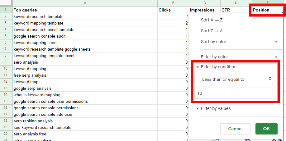 Google Sheet spreadsheet showing the position column filter for values less than or equal to 10