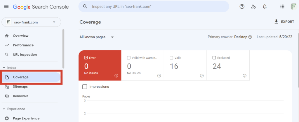 Location of the coverage report in Google Search Console