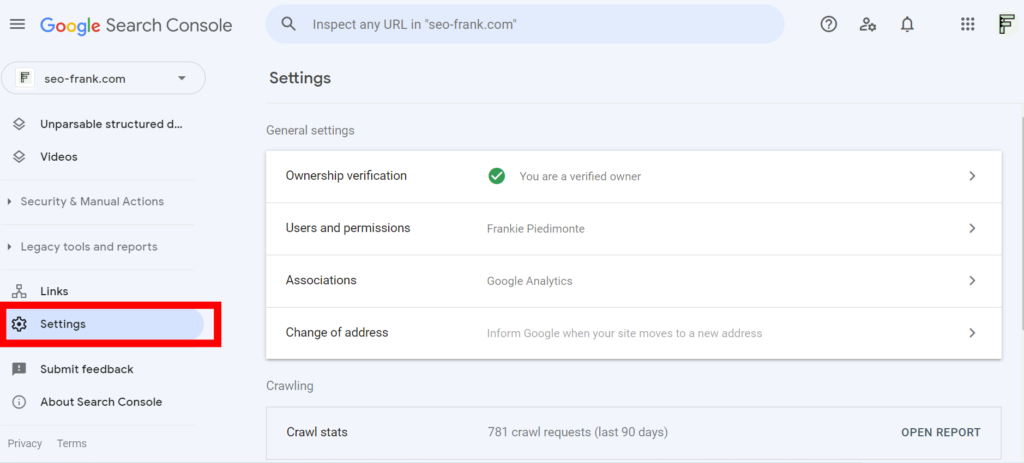 Location of the crawl stats report in Google Search Console