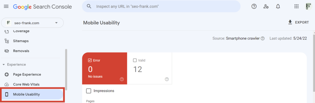 Location of the mobile usability report in Google Search Console