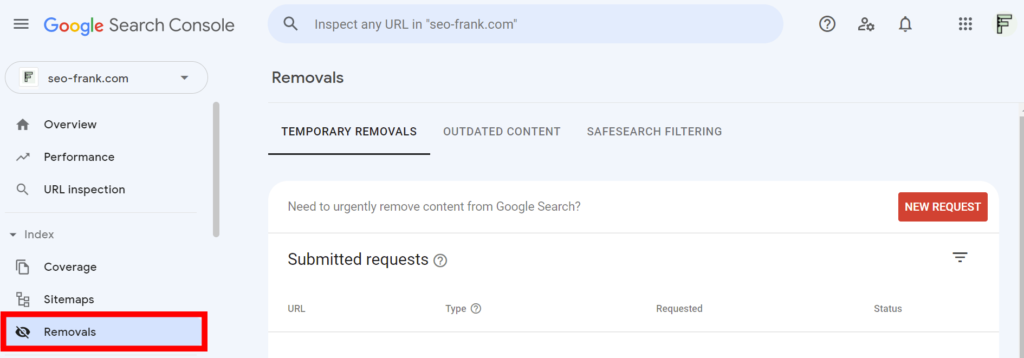 Location of the URL removal tool in Google Search Console