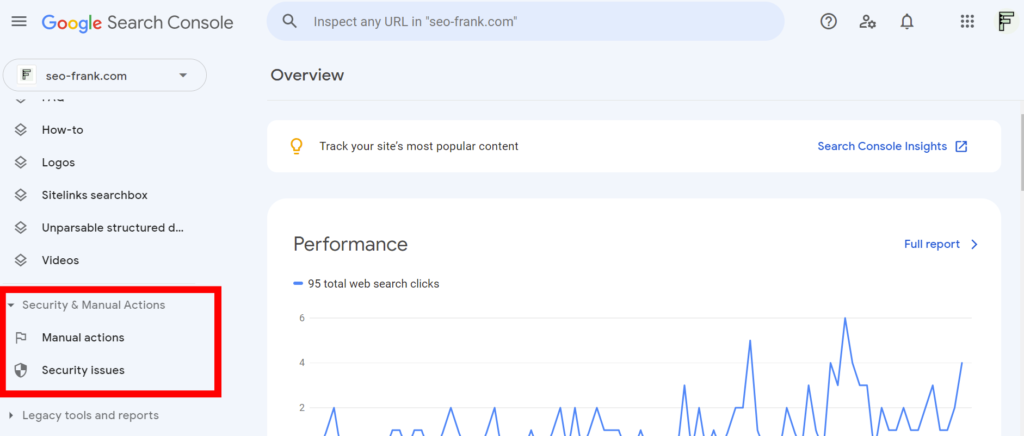 Location of the manual actions and security issues reports in Google Search Console