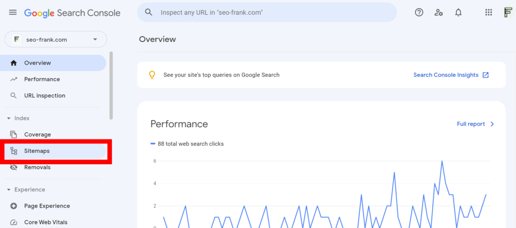 Location of the sitemaps report in Google Search Console