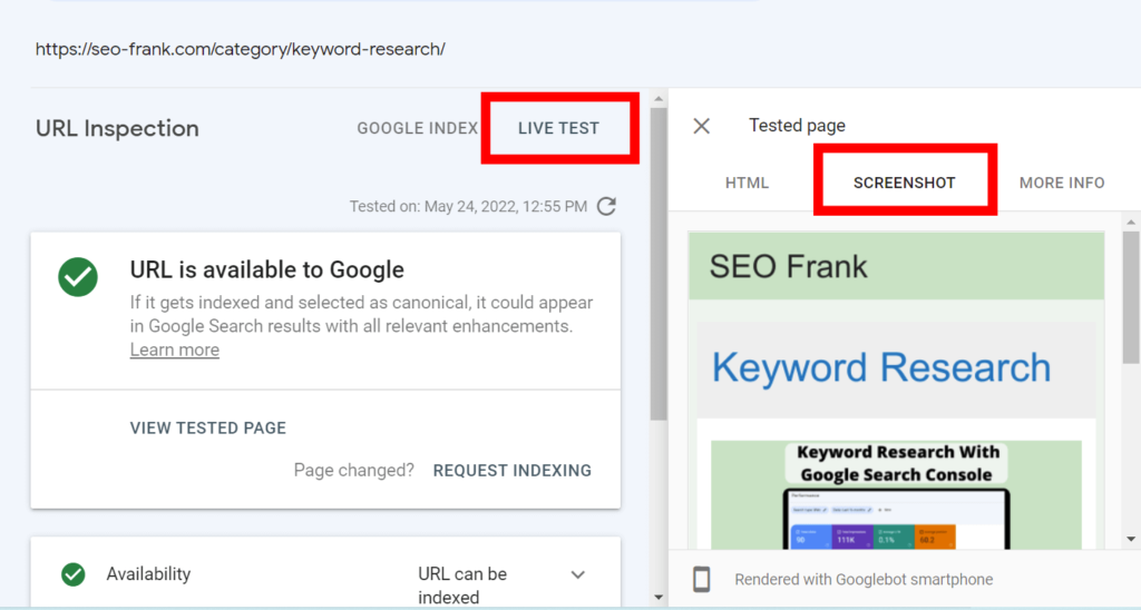 URL inspection tool showing the tested page screenshot