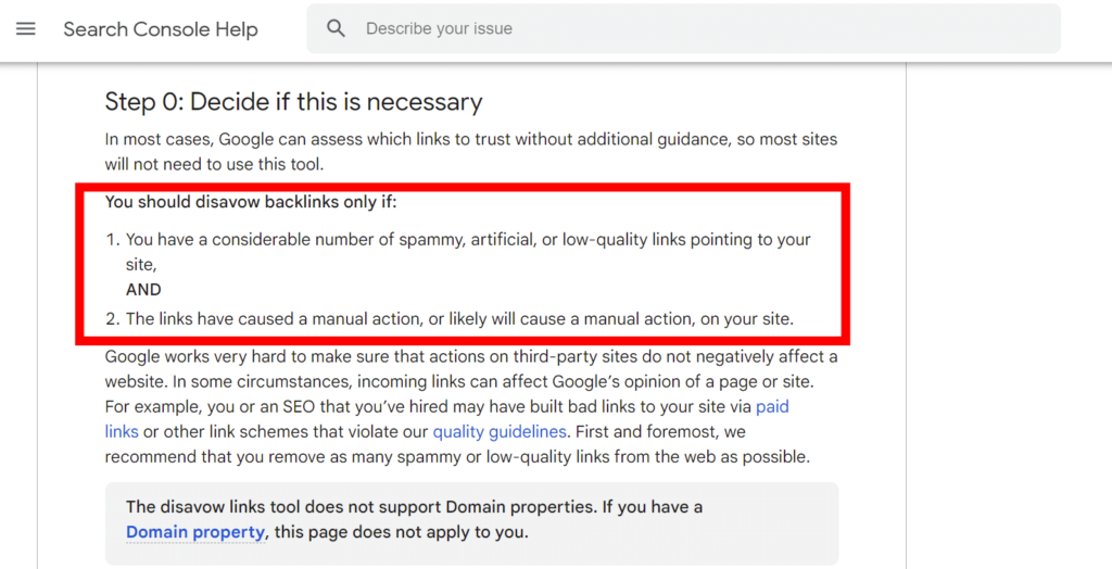 Google Search Console help forum showing rules for disavowing backlinks