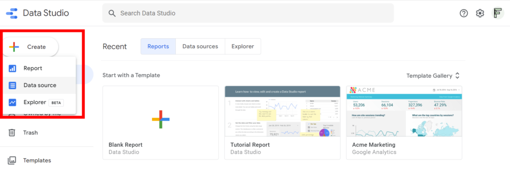 Google Data Studio create data source location
