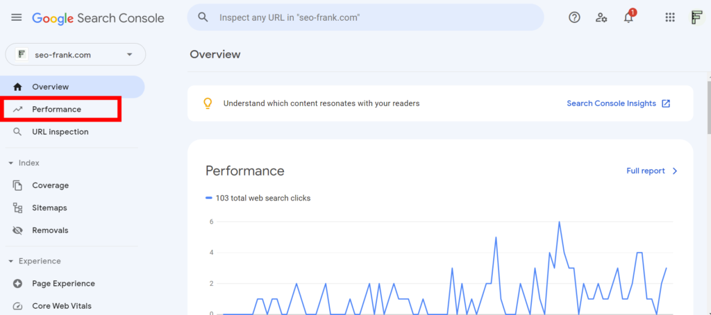 Google Search Console's performance report location
