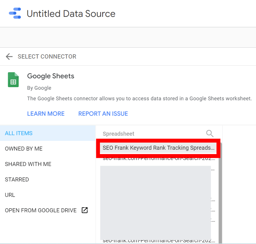 Google Sheets connector to spreadsheet location