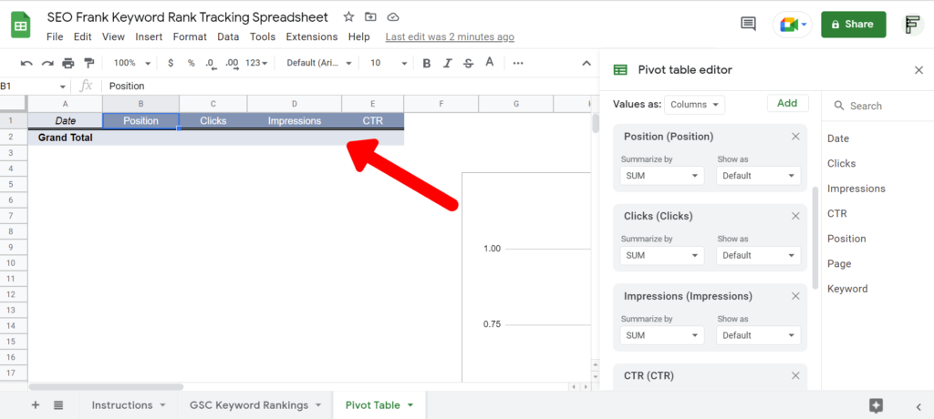 Keyword rank tracking spreadsheet pivot table