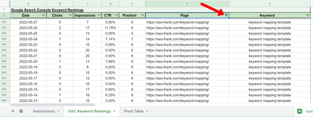 Keyword rank tracking spreadsheet table column filters