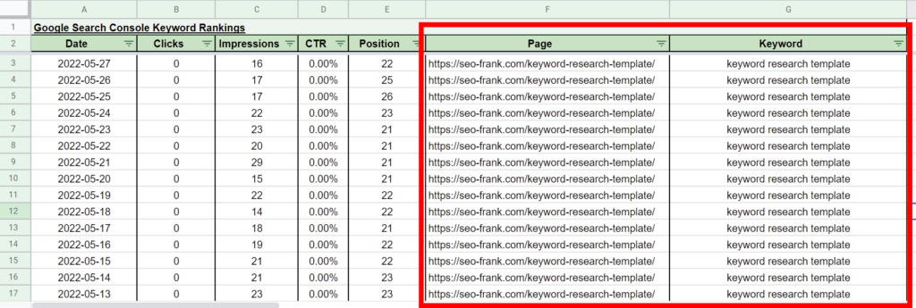 Keyword rank tracking spreadsheet "Page" and "Keyword" columns