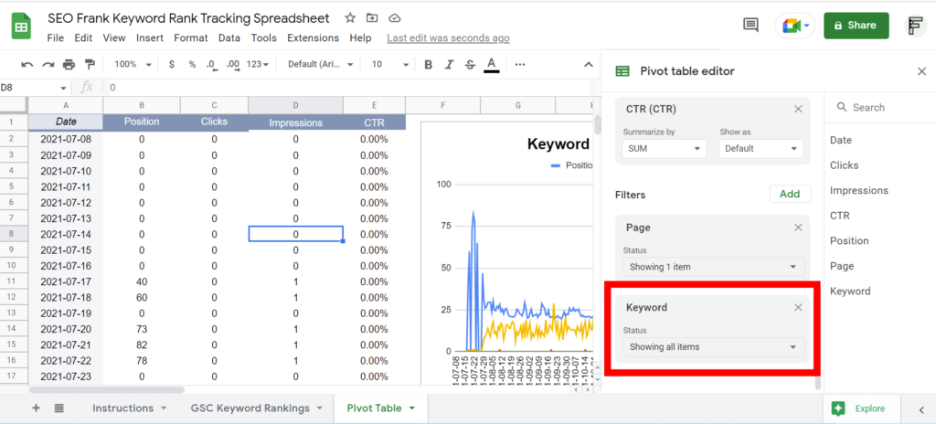 Pivot table keyword filter location