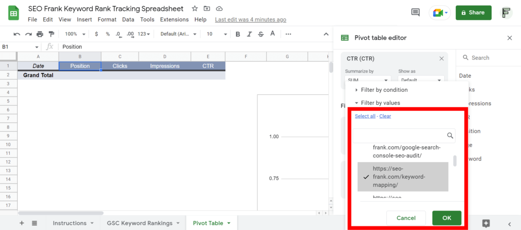 Pivot table page filter selection