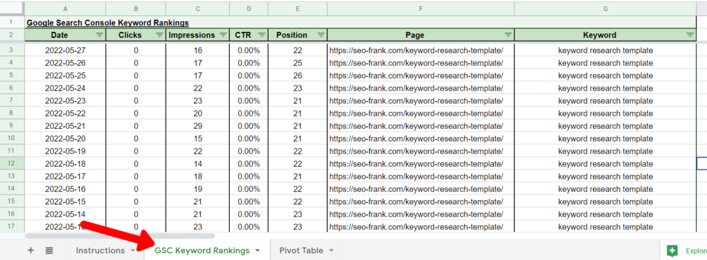 Keyword rank tracking spreadsheet "GSC Keyword Rankings" tab