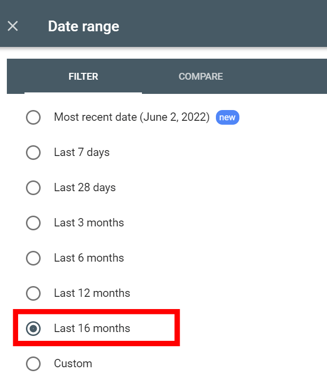 Search performance report date range selection