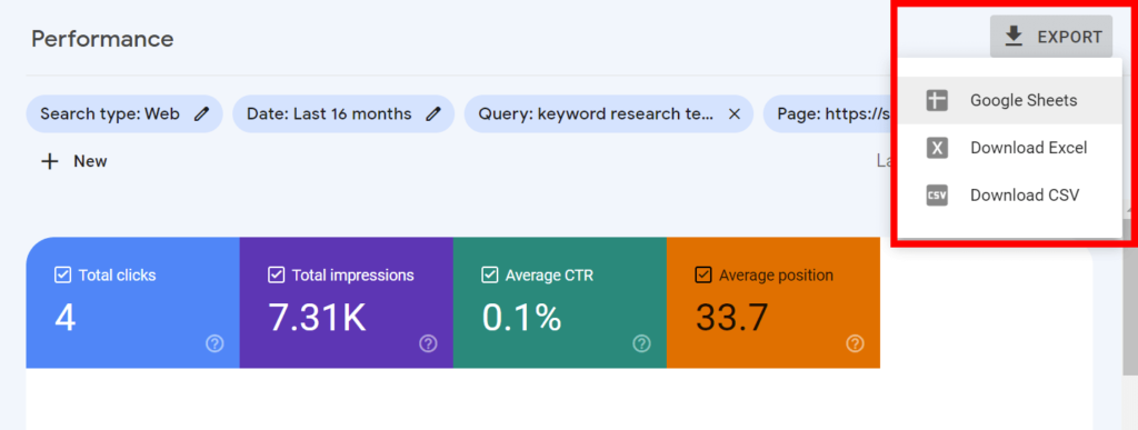 Search performance report file export options