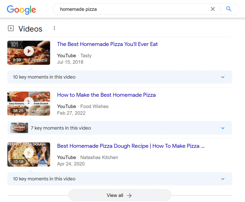 Example of video search results in Google for the keyword "homemade pizza"