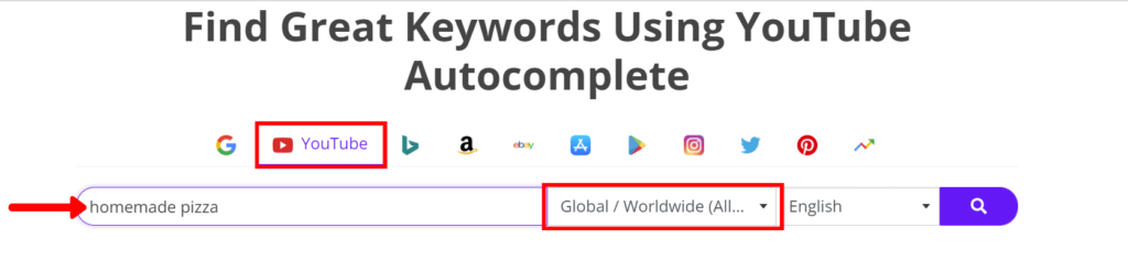 Keyword Tool's interface for automating YouTube's auto suggest feature 