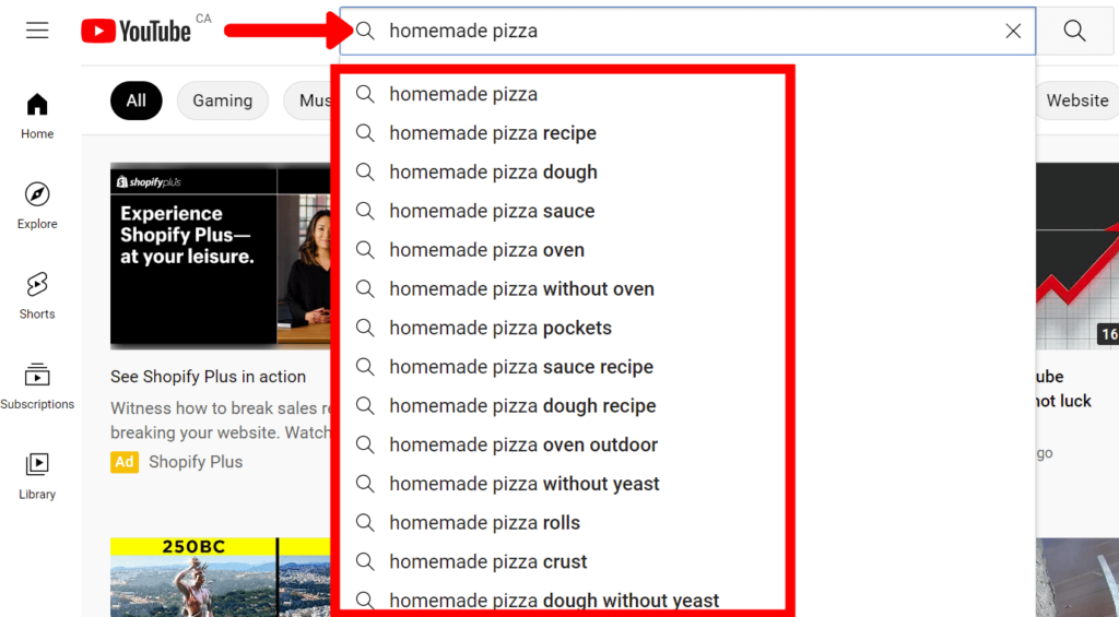an example of YouTube's auto suggest feature