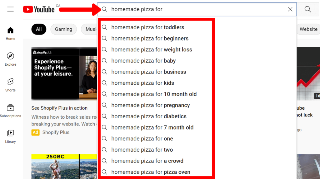 example of YouTube's auto suggest feature using the word "for"