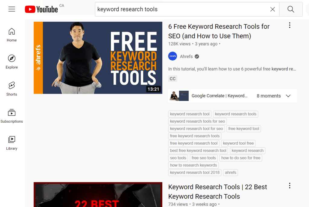 Example of the YouTube SERP for the query "keyword research tools"