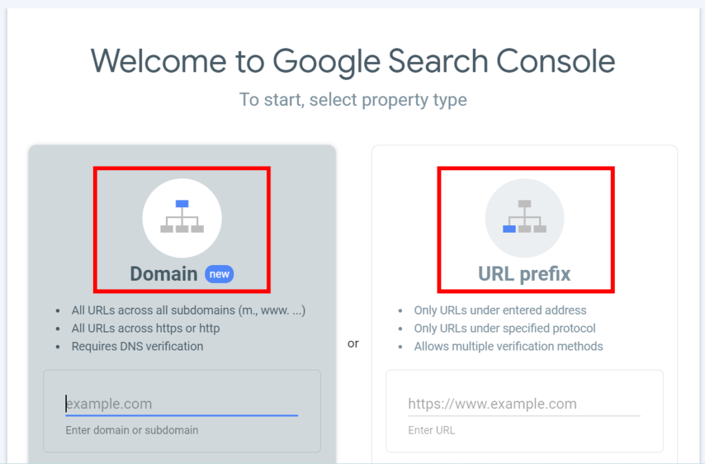 Domain and URL prefix property options in Google Search Console.