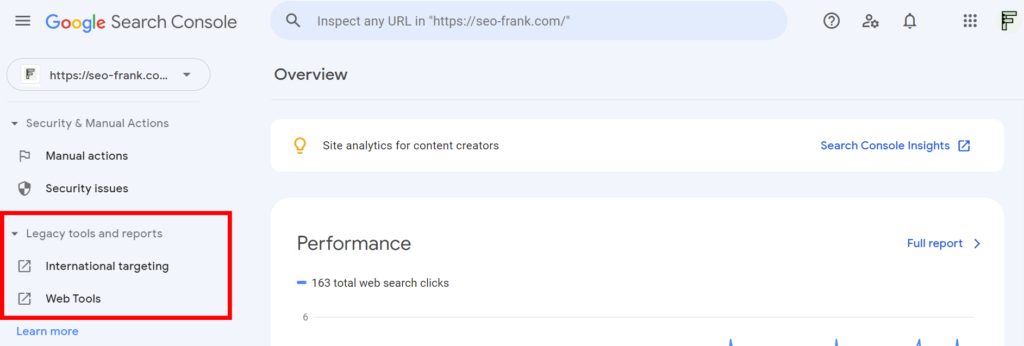 Legacy tools and reports location in Google Search Console.