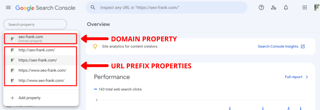 Domain and URL prefix properties listed in SEO Frank's Google Search Console.