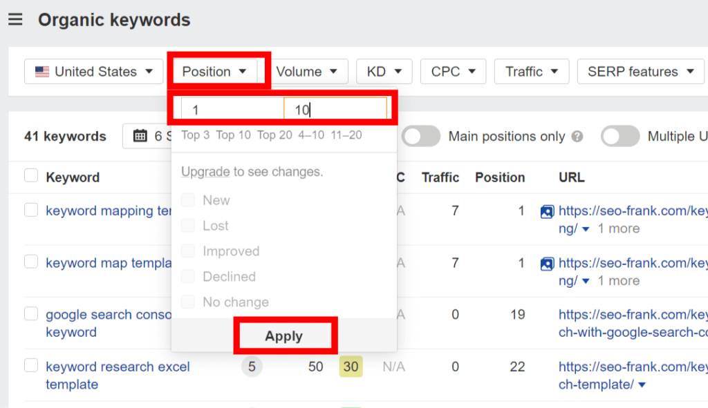 Position filter for positions 1 to 10 in the organic keywords report.