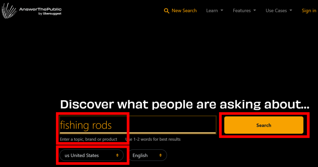 Answer The Publics' interface highlighting the keyword input and country selection areas.