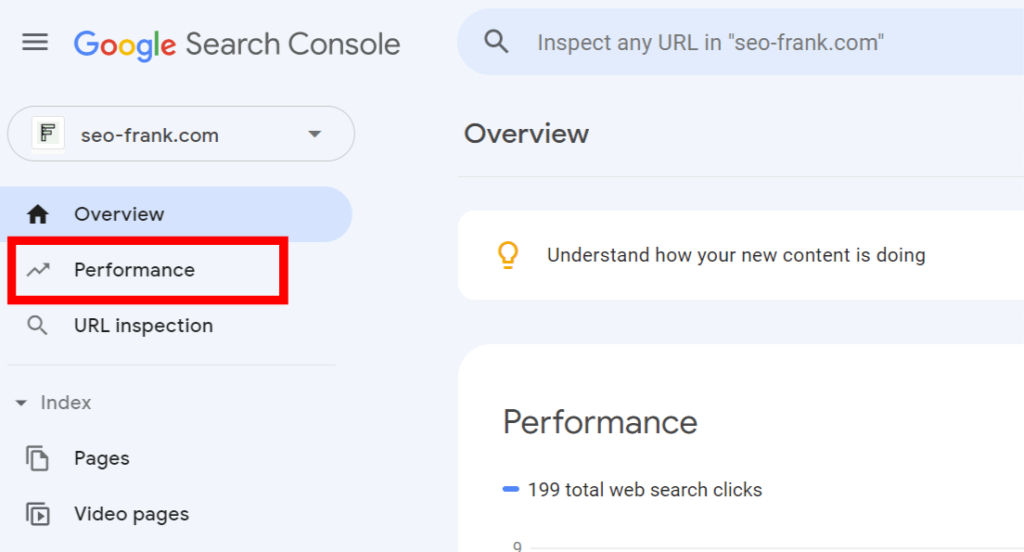 Location of the Performance report in Google Search Console.
