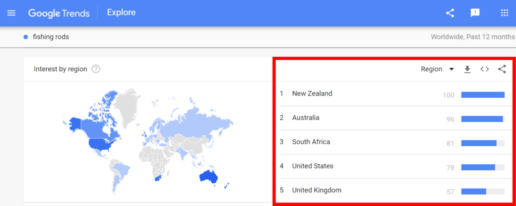 Google Trends' interface highlighting the interest by region report.