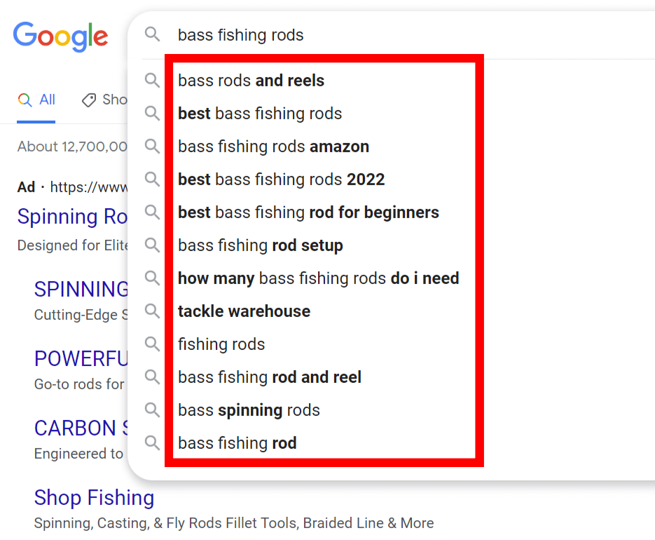 Google's auto-suggest feature for the keyword "bass fishing rods".