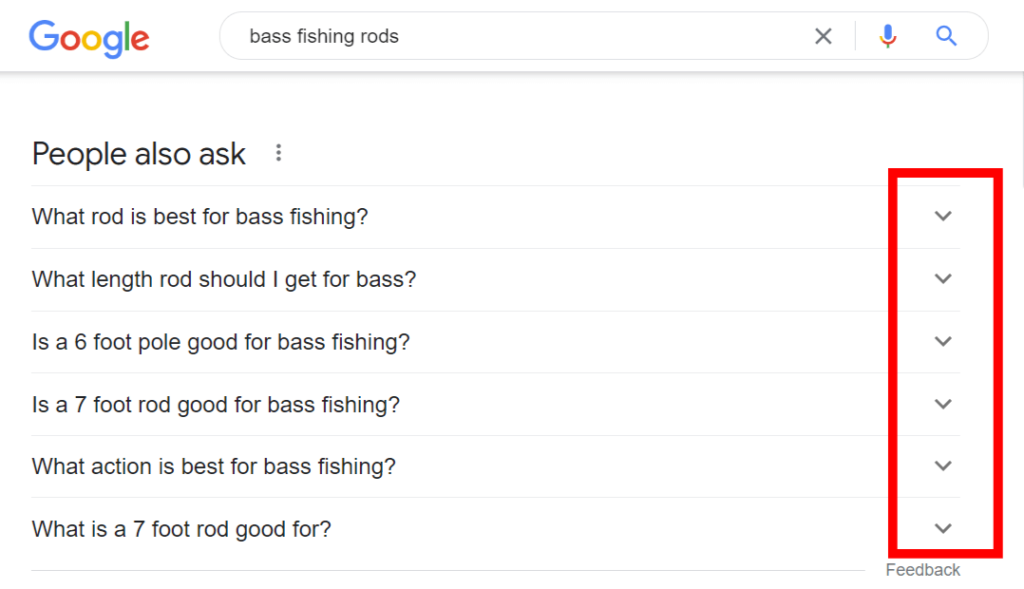 Google's people also ask box highlighting the drop down selectors arrows for each question.