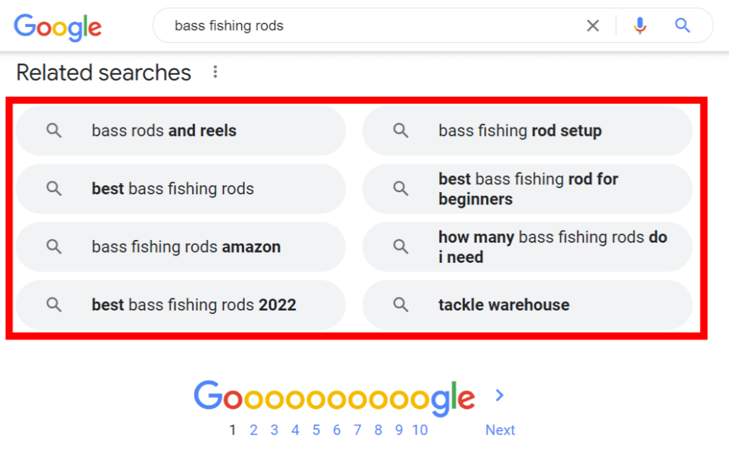 Google's related searches for the keyword "bass fishing rods".