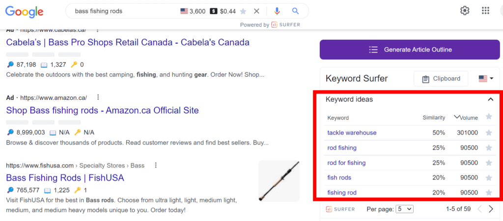 Keyword Surfer's SERP interface showing similar keyword ideas and search volume.