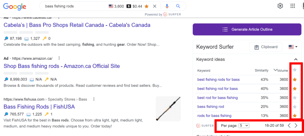 Keyword Surfer's SERP interface highlighting the page scrolling and save to clipboard buttons.