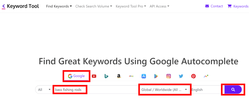 Keyword Tool interface highlighting the Google feature, keyword input area, and country selection.