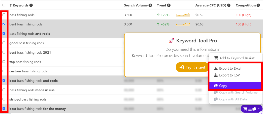 Keyword Tools' keyword selection and export/copy features.