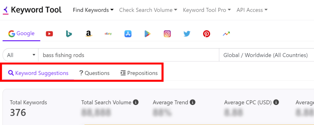 Keyword Tools' keyword suggestions, questions, and prepositions tabs.