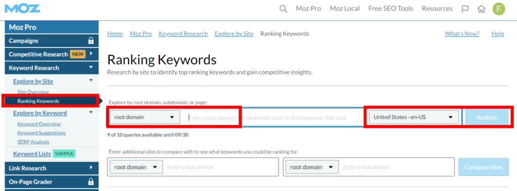 Moz Keyword Explorers' ranking keywords interface highlighting the domain input and country selection areas.