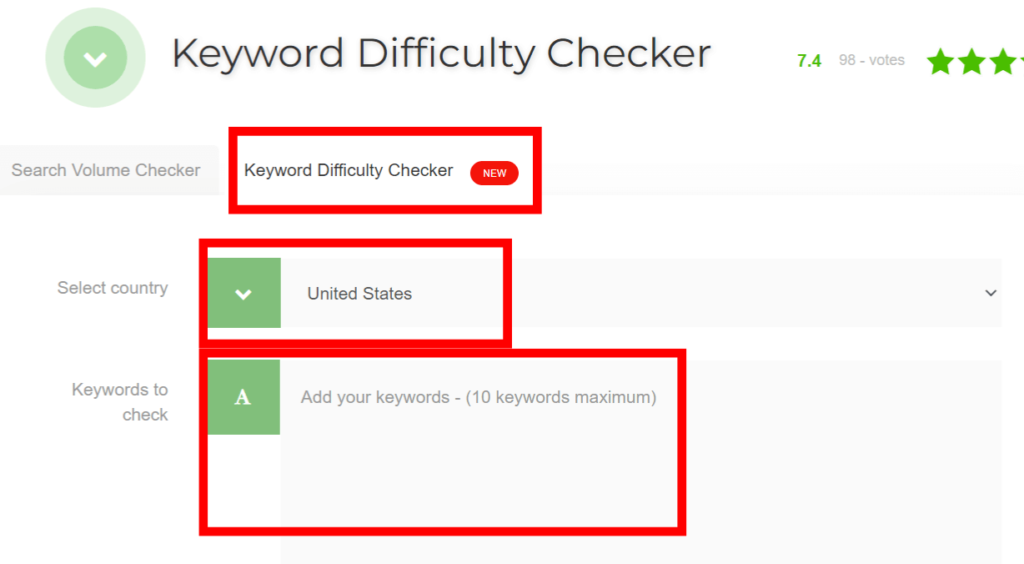 SEO Review Tools' keyword difficulty checker highlighting the country selection and keyword input areas.