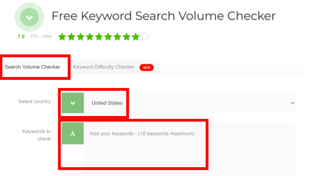 SEO Review Tools' search volume checker highlighting the country selection and keyword input areas.