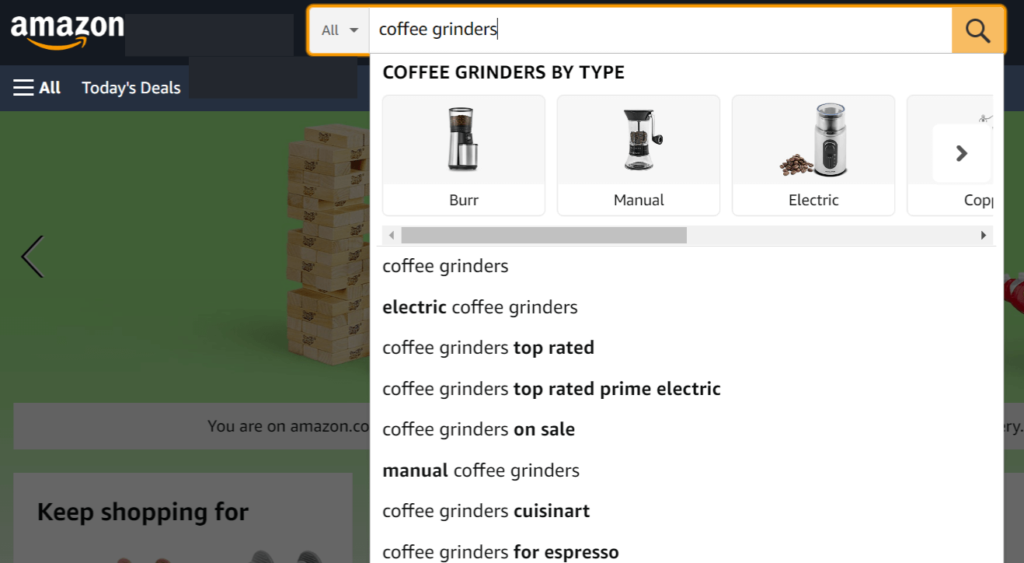 Amazon's auto-suggest feature example for "coffee grinders".
