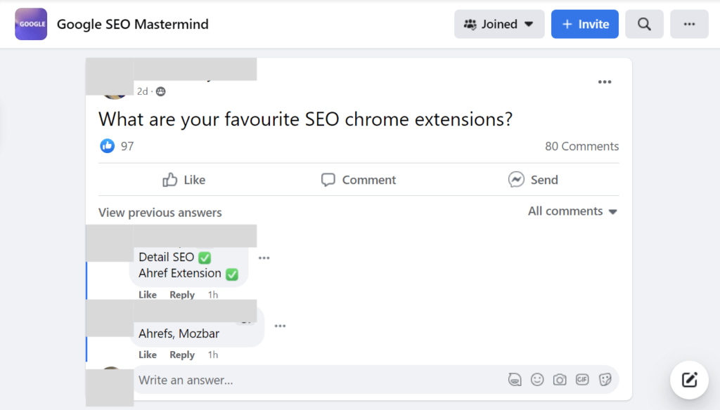 Facebook group post example for "favorite's SEO chrome extensions".