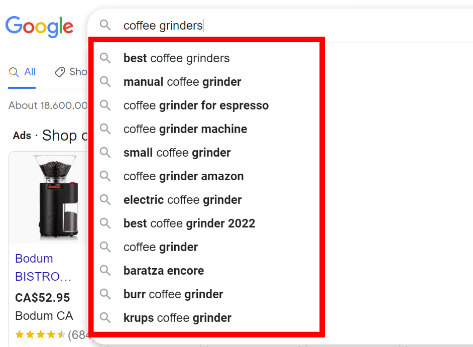 Google's auto-suggest feature example for "coffee grinders".