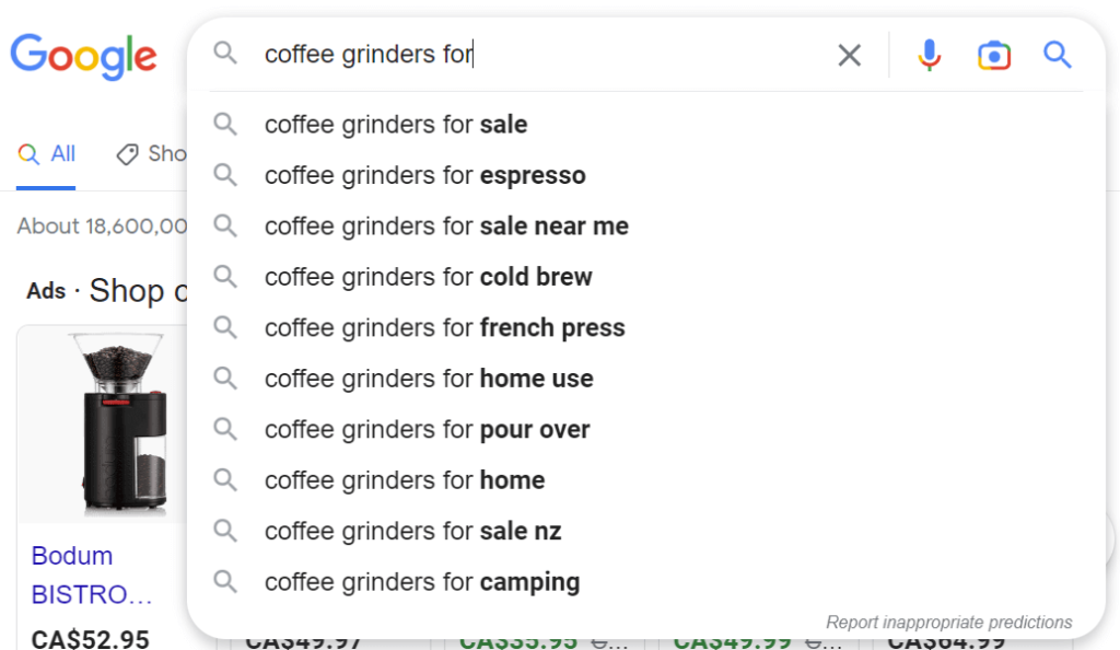 Google's auto-suggest feature example with "for".