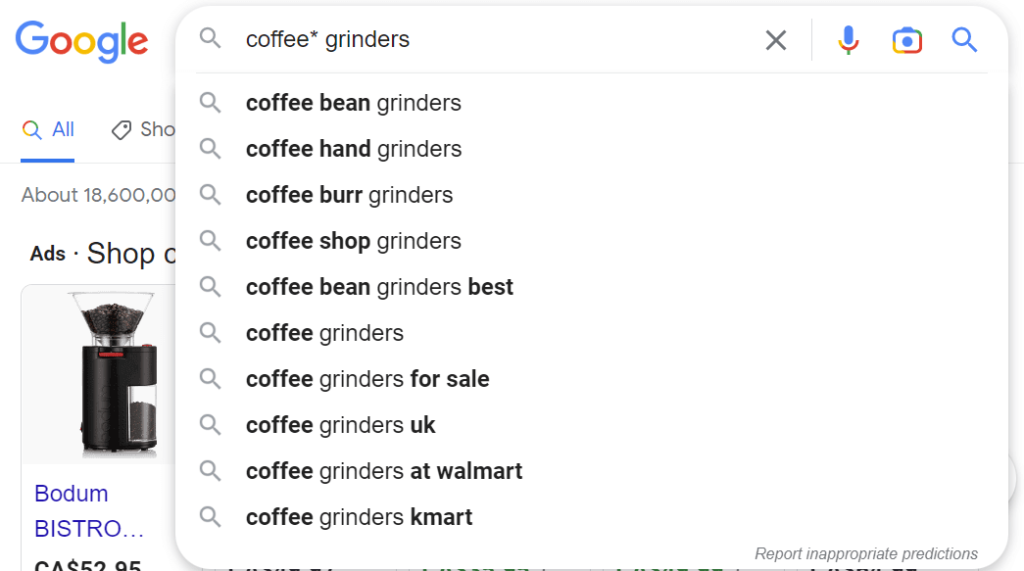Google's auto-suggest feature example using the wildcard operator.